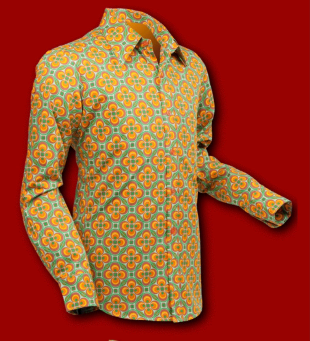 Dotsgrid design long sleeved Retro 70s style shirt in Green & Orange