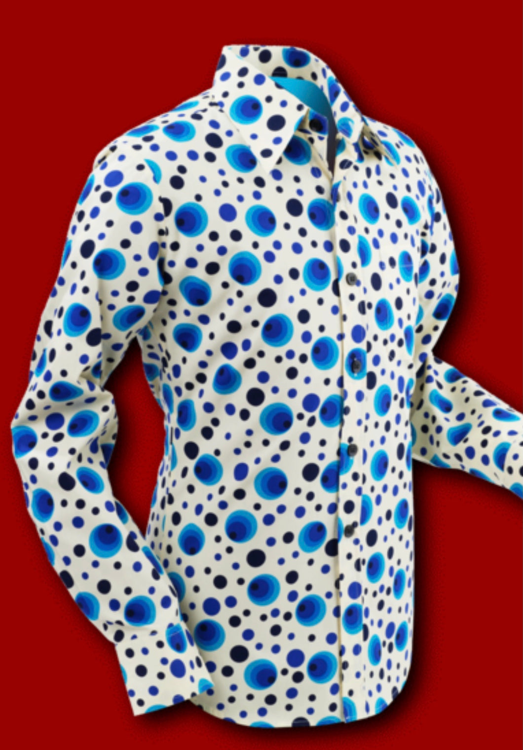 Dots & Spots design Long Sleeved Retro 70s Style Shirt in Turquoise/Blue