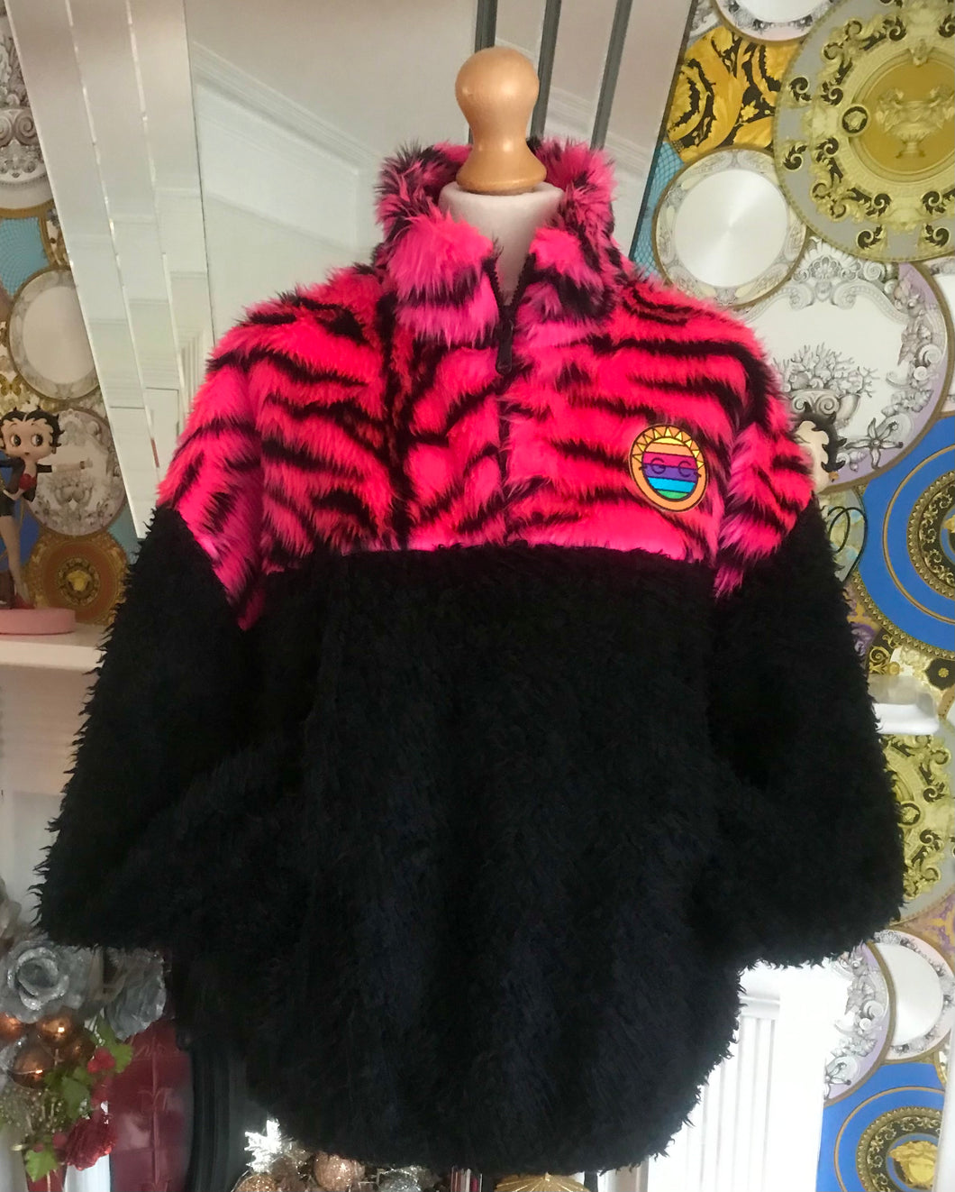 Get Crooked Custom Made Half Zip Fleece. Design Black Teddy Fur & Pink Zebra fleece.