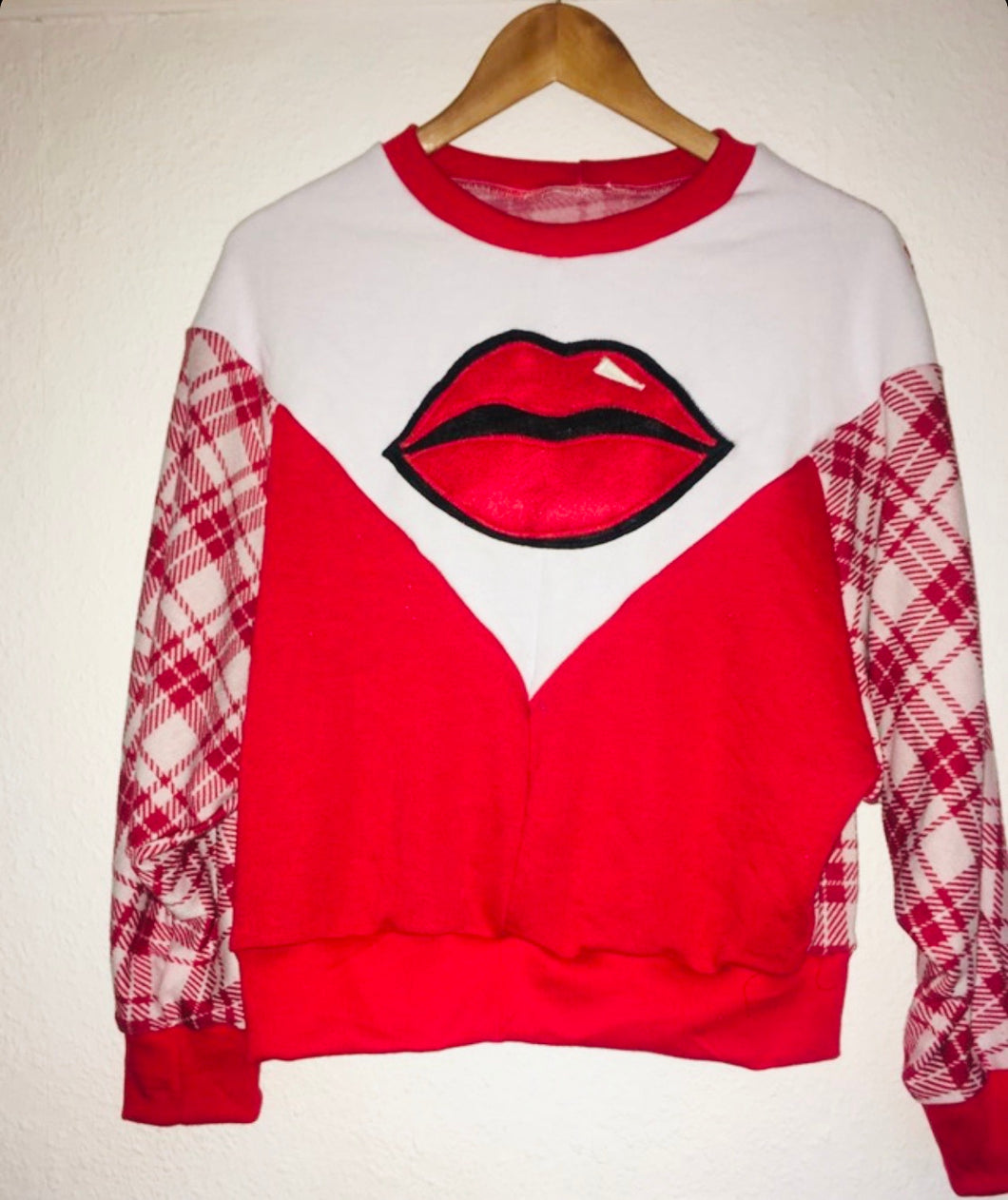 An Original Leroy Customised Tartan Monster Kiss Batwing Sweatshirt