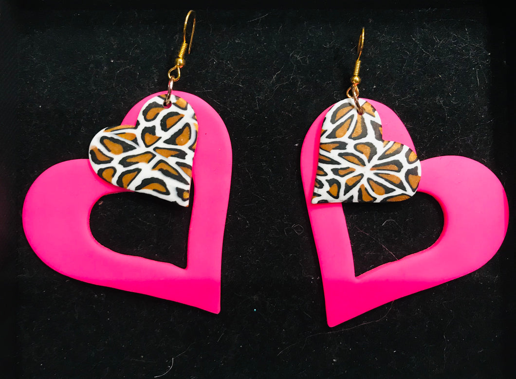 Large Pink & Leopard Heart Earrings