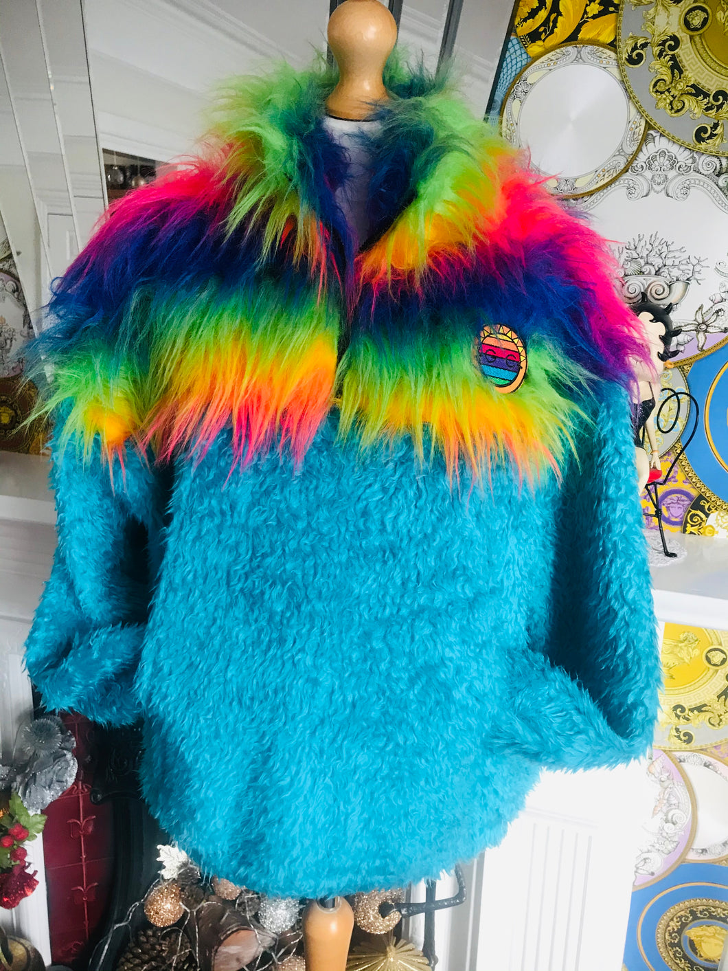 Get Crooked Custom Made Half Zip Fleece. Design Turquoise Blue Teddy fleece and Funky Rainbow Fur.