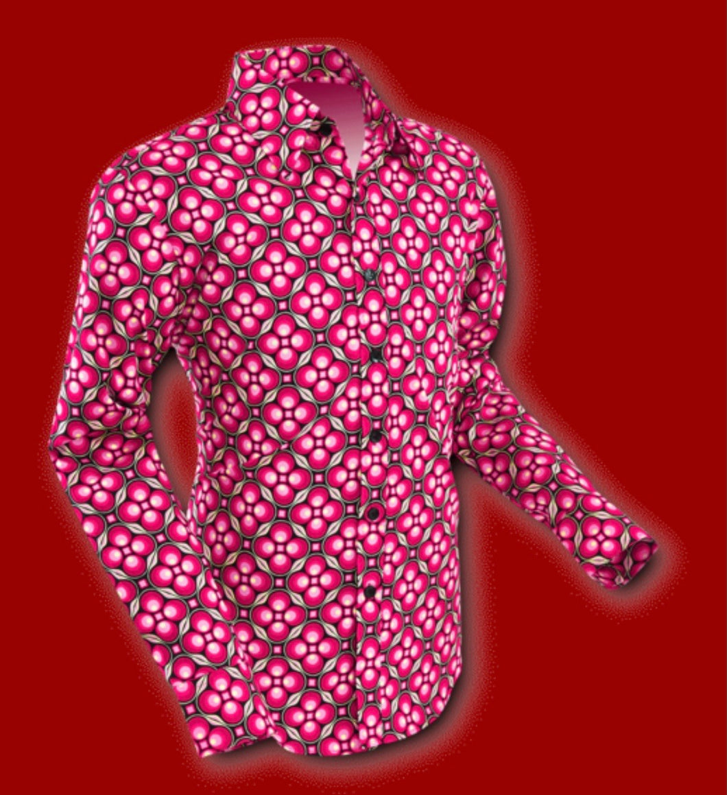 Dotsgrid design long sleeved Retro 70s style shirt in Red & Black