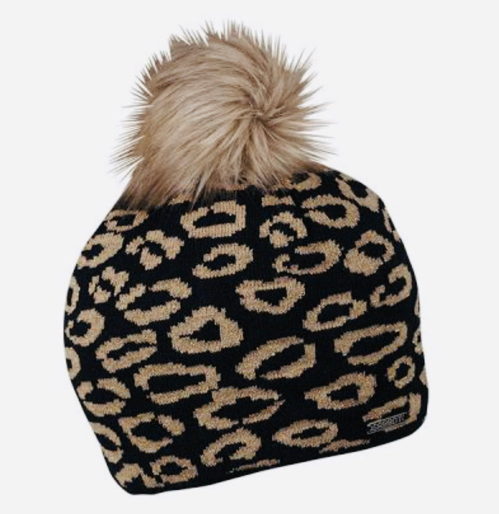 Fleece Lined Fluffy Pom Hat - Design Leopard & Black Pom