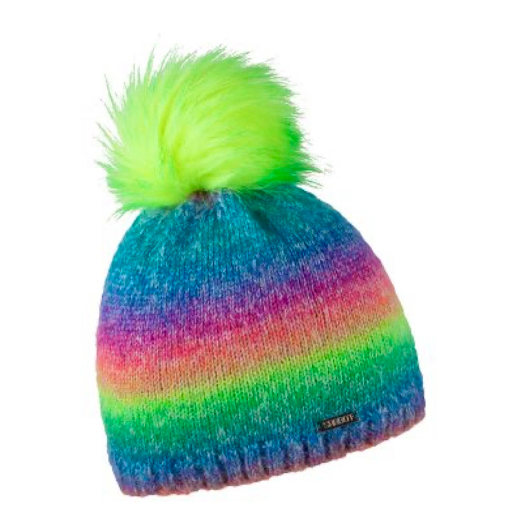 Fleece Lined Fluffy Pom Hat - Design Rainbow & Green Pom