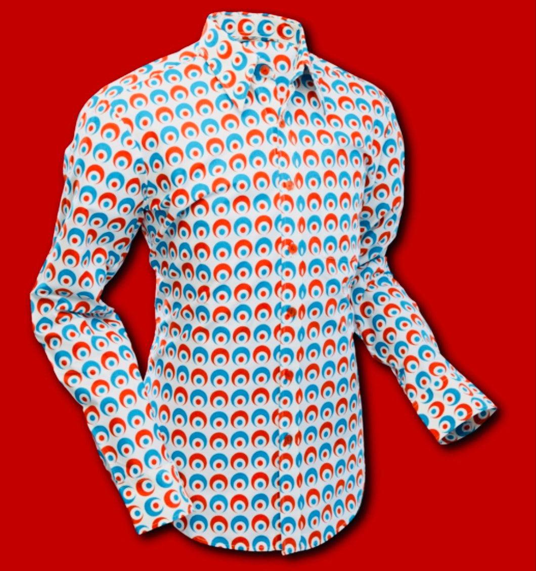 Eyeball design long sleeved Retro 70s style shirt in Crème-Blue-Red