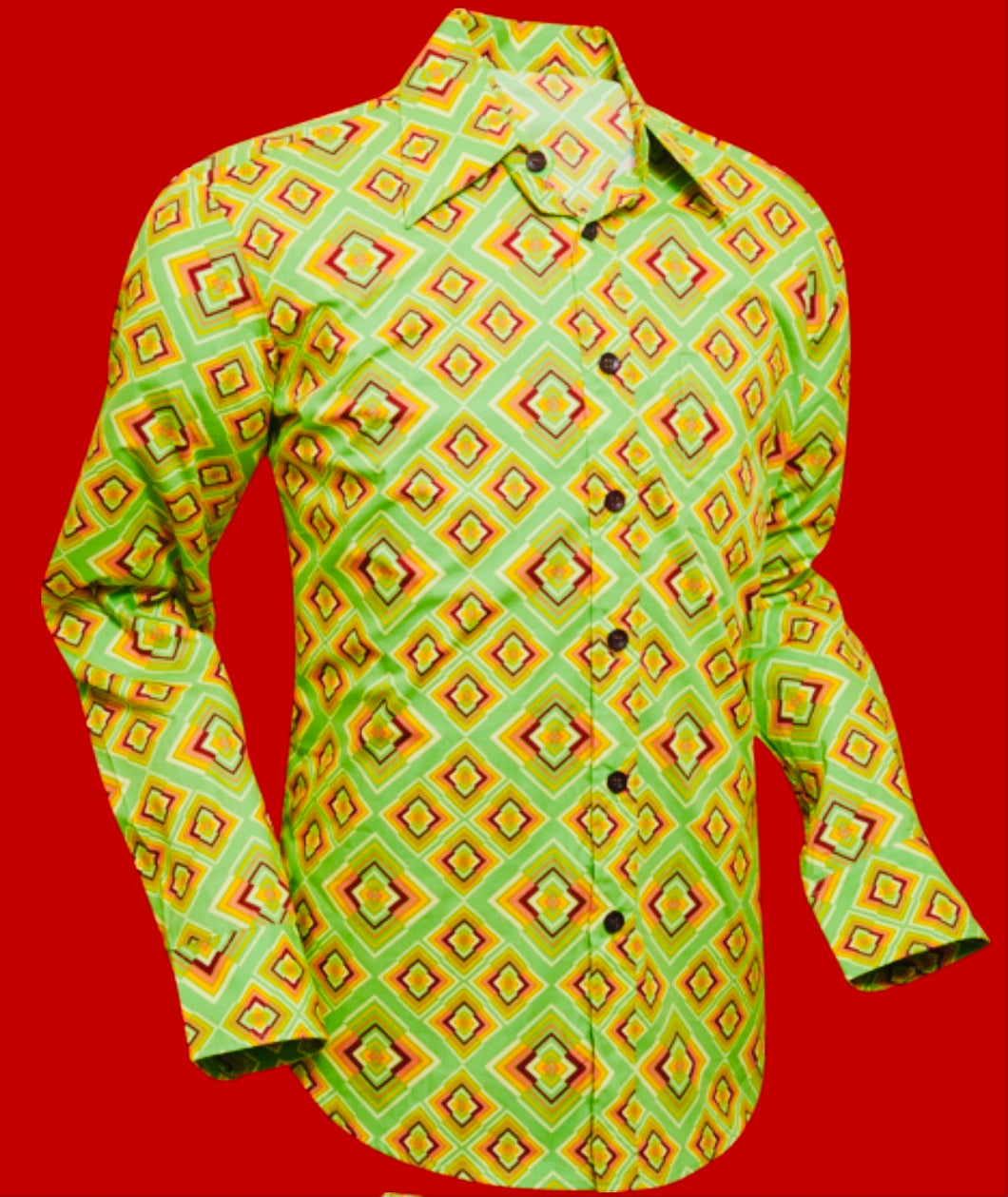 Rhombus design long sleeved Retro 70s style shirt in Light Green