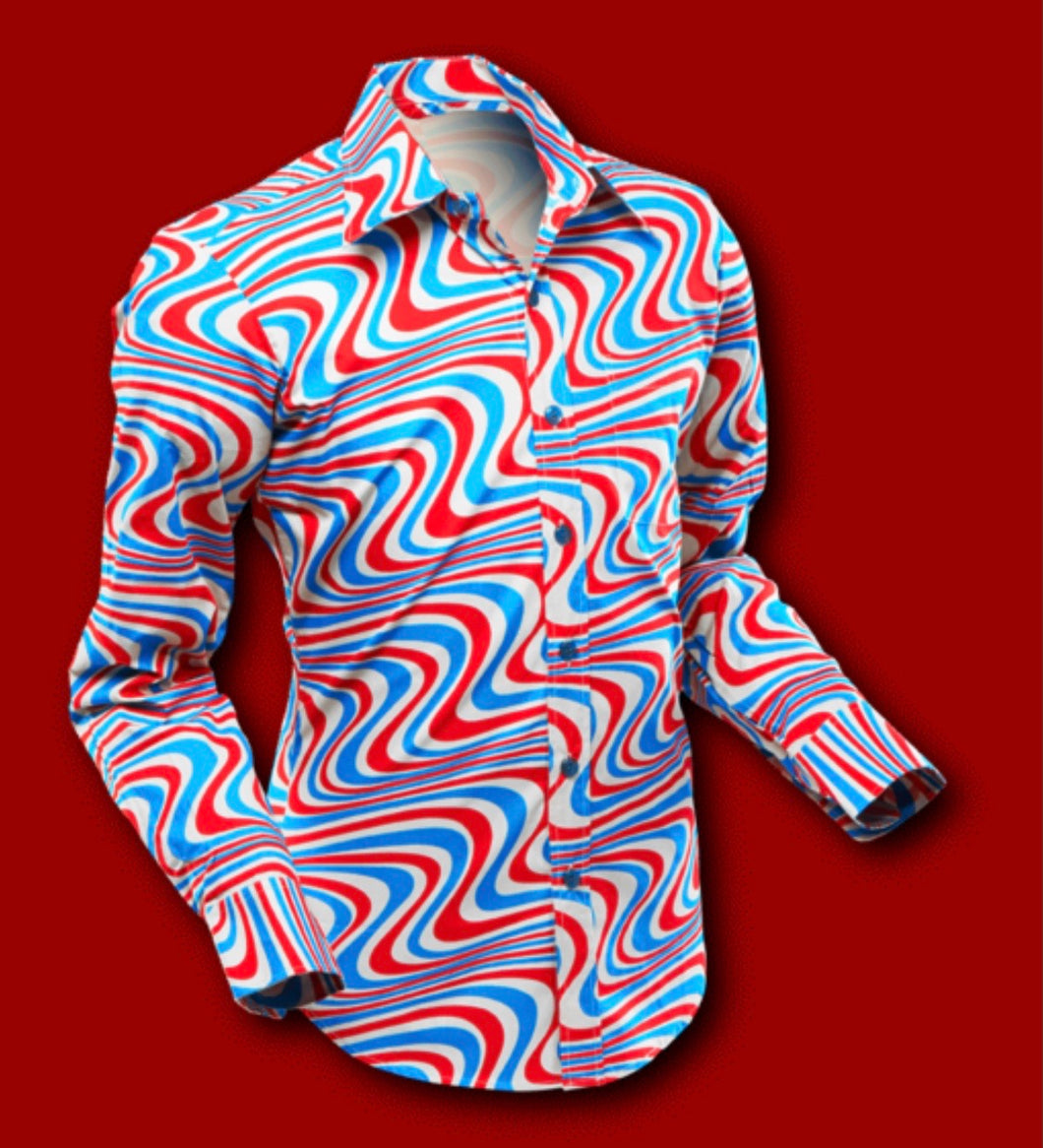 Wavyline design long sleeved Retro 70s style shirt in Grey-Petrol-Red