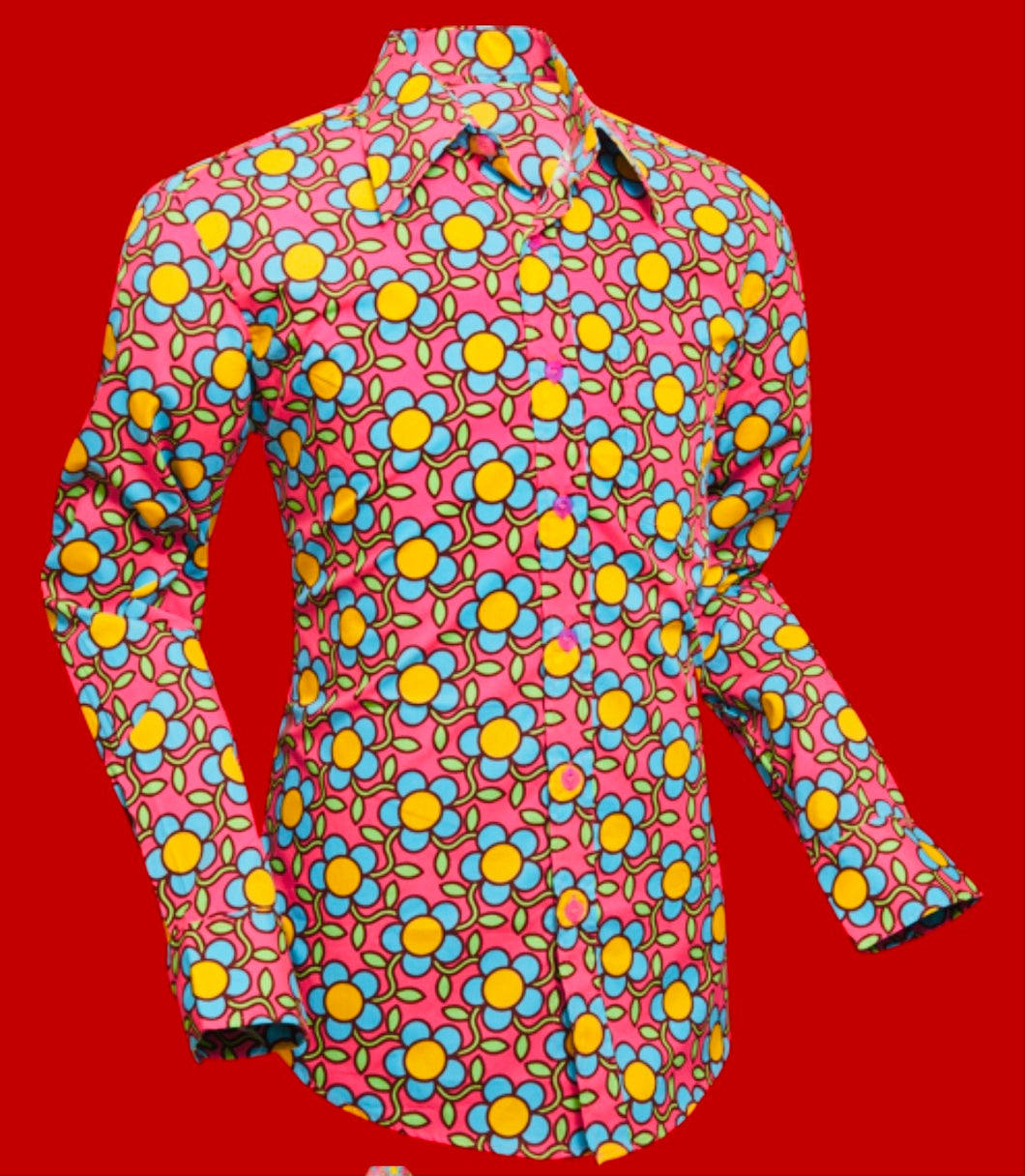Flowergrid design long sleeved Retro 70s style shirt in Pink