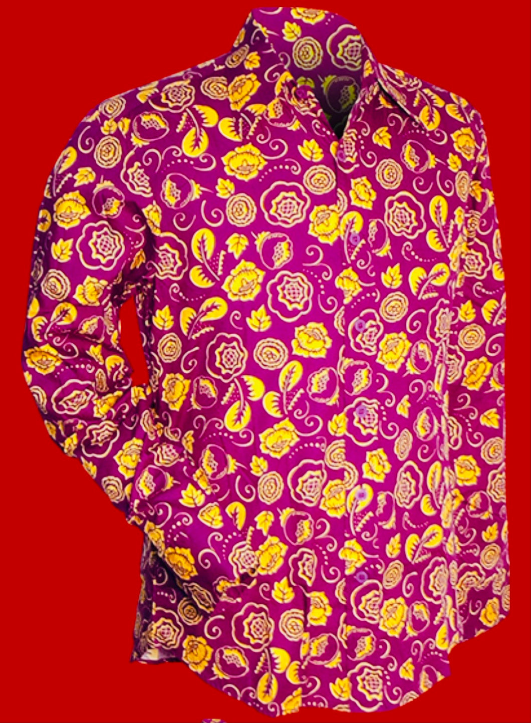 Outlined Flowers design long sleeved Retro 70s style shirt in Violet & Yellow