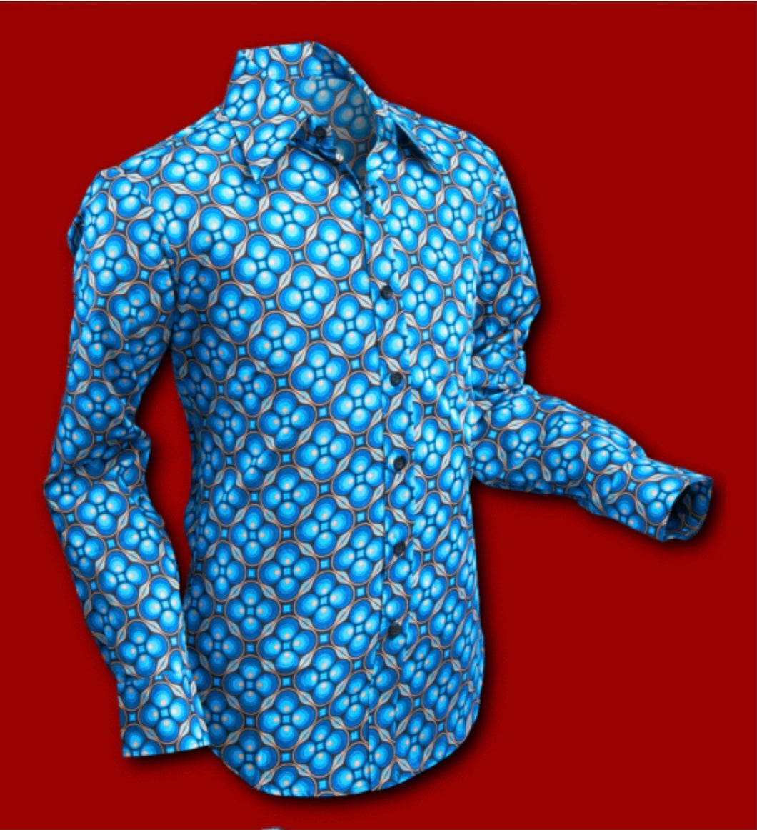 Dotsgrid design long sleeved Retro 70s style shirt in Black & Petrol