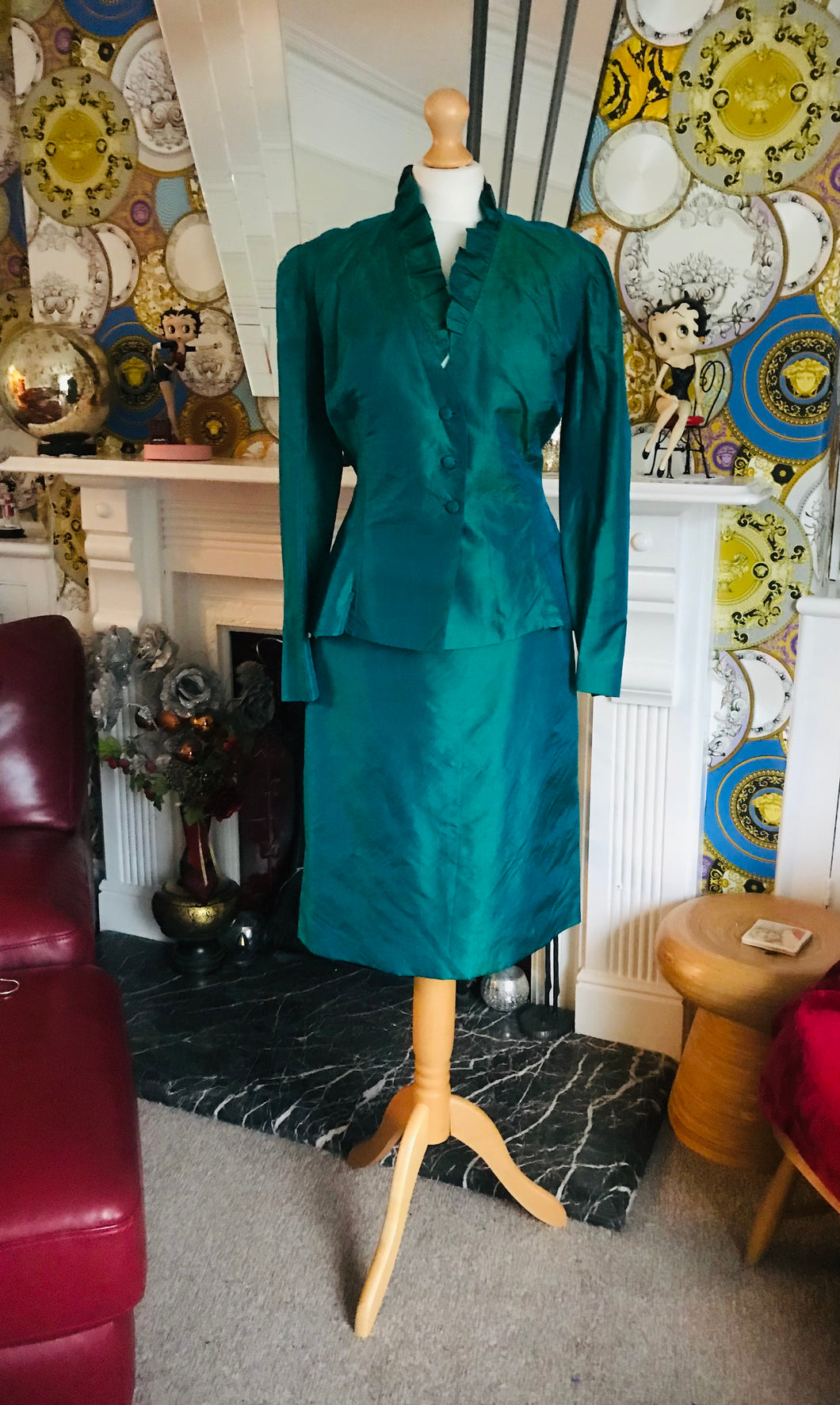 Vintage Golden/Emerald Silk Two piece Suit