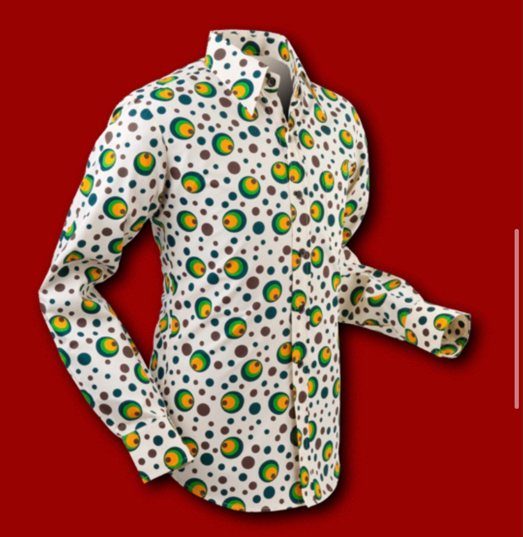 Dots & Spots design long sleeved Retro 70s style shirt in Green