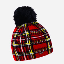 Load image into Gallery viewer, Fleece Lined Fluffy Pom Hat - Design Tartan &amp; Black Pom
