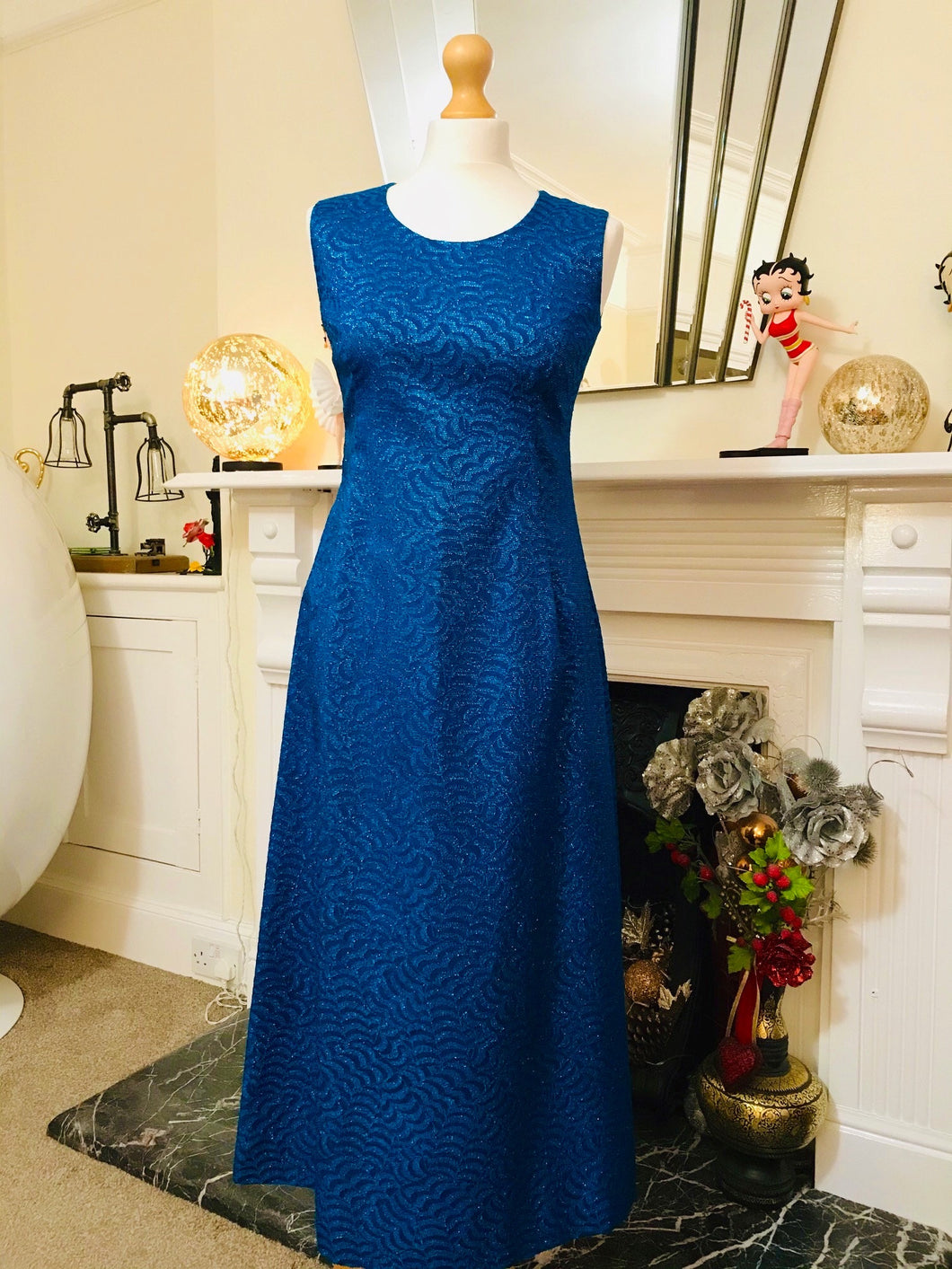 Vintage 1960s Kingfisher Sparkly Blue Maxi Classic Cut Fitted Dress, Size 8/10