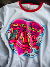 Load image into Gallery viewer, Funky Retro ‘All you need is Love’ T-shirt (with Red Trim)
