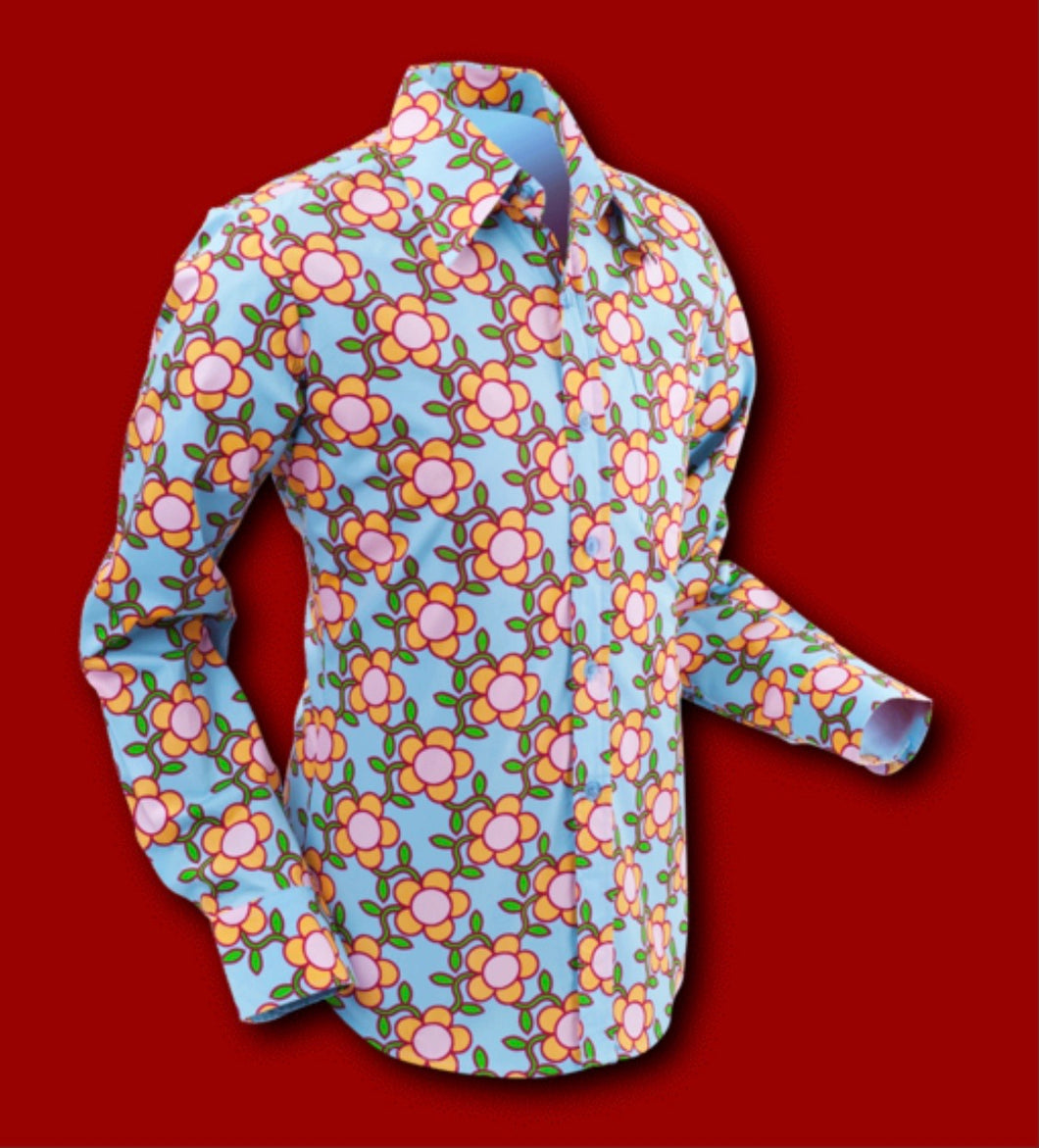 Flowergrid design long sleeved Retro 70s style shirt in Blue