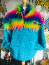 Load image into Gallery viewer, Get Crooked Custom Made Half Zip Fleece. Design Turquoise Blue Teddy fleece and Funky Rainbow Fur.
